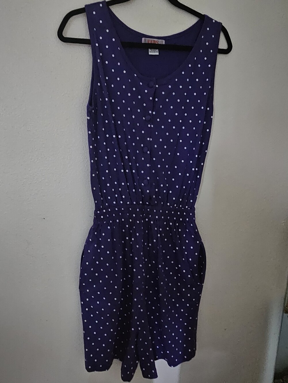 Vtg 80s 90s FADS Purple Polka Dot Romper M 100% Cotton Pockets Sleeveless Playsu